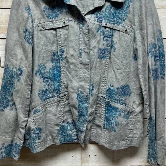 Coldwater Creek Linen Jacket Womens 16 Gray Blue Floral Snap Front Cottagecore - Picture 3 of 11